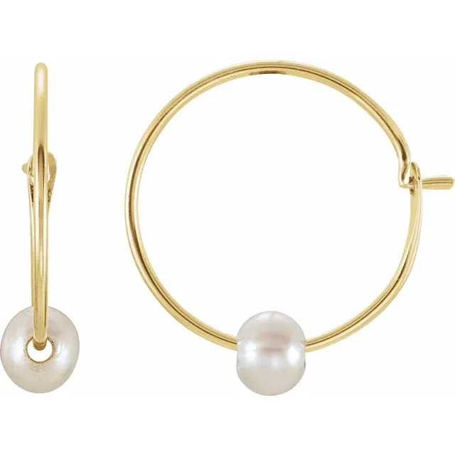 14K Yellow Youth Freshwater Cultured Pearl Hoop Earrings-