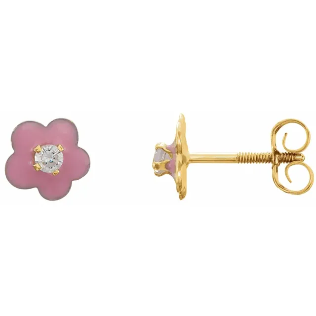 14K Yellow 2 mm Round Cubic Zirconia Youth Pink Enamel Flower Earrings-