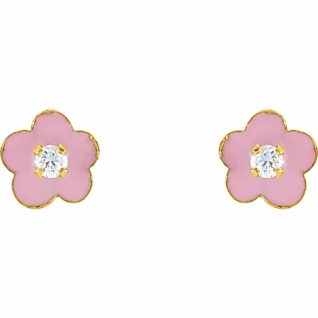 14K Yellow 2 mm Round Cubic Zirconia Youth Pink Enamel Flower Earrings-