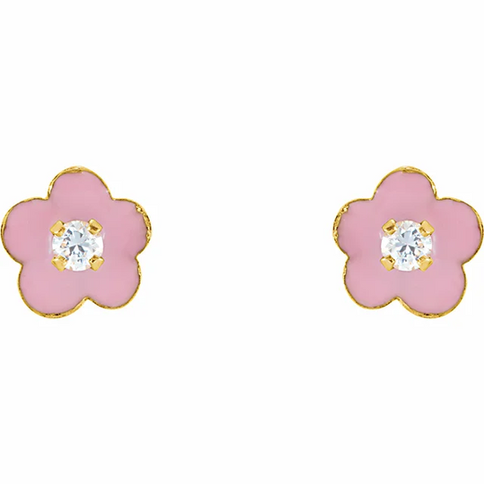 14K Yellow 2 mm Round Cubic Zirconia Youth Pink Enamel Flower Earrings