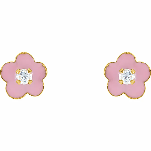 14K Yellow 2 mm Round Cubic Zirconia Youth Pink Enamel Flower Earrings