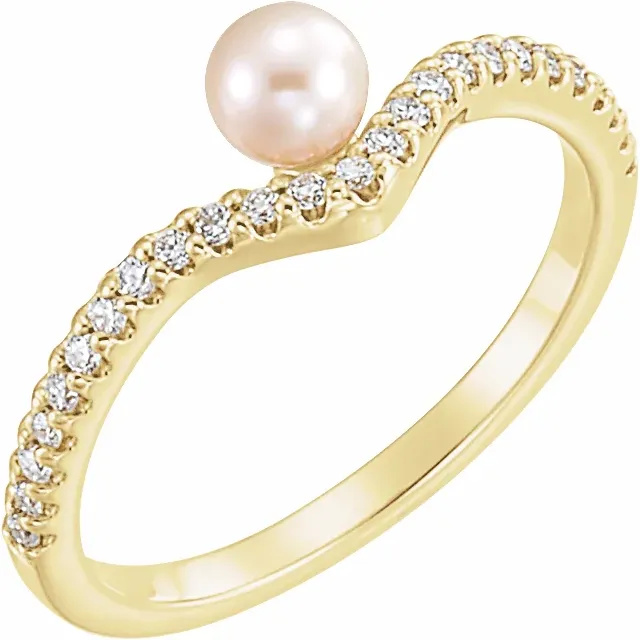 14K Yellow Freshwater Cultured Pearl & 1/5 CTW Diamond V Ring-