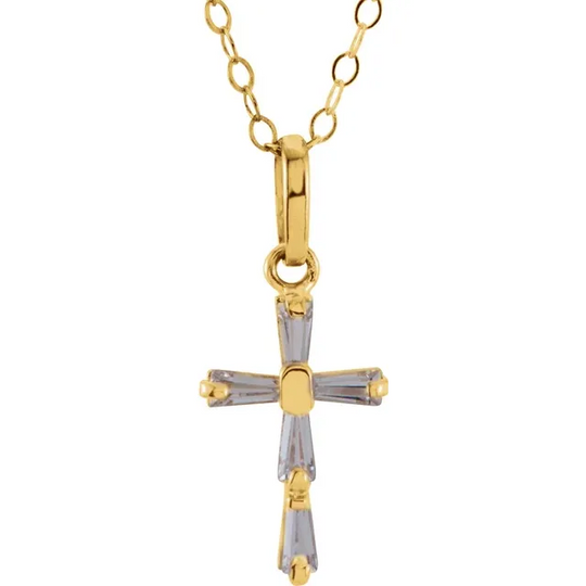 14K Yellow 3x1.5 mm Tapered Baguette Cubic Zirconia Youth Cross 15" Necklace