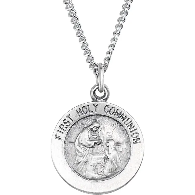 Sterling Silver 18 mm First Communion Medal 18" Necklace-