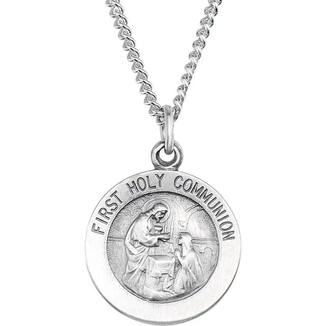 Sterling Silver 18 mm First Communion Medal 18" Necklace