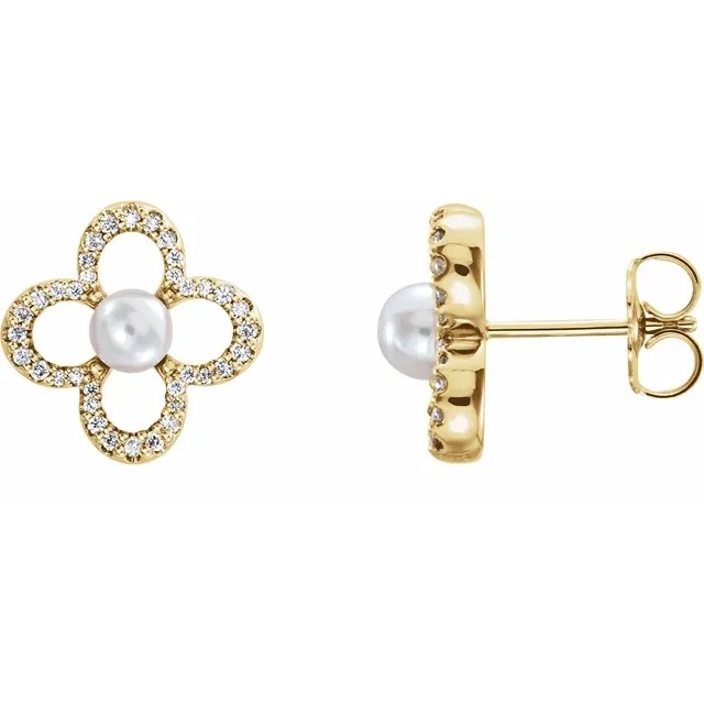 14K Yellow Freshwater Cultured Pearl & 1/4 CTW Diamond Earrings-