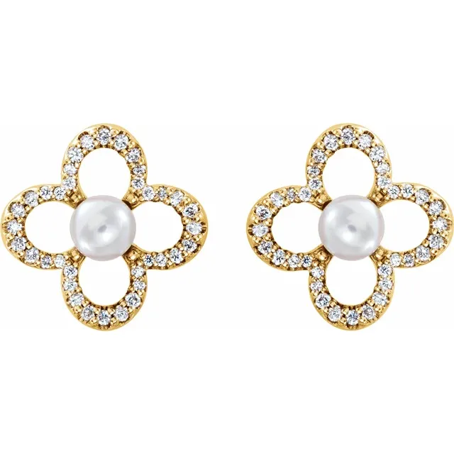 14K Yellow Freshwater Cultured Pearl & 1/4 CTW Diamond Earrings-