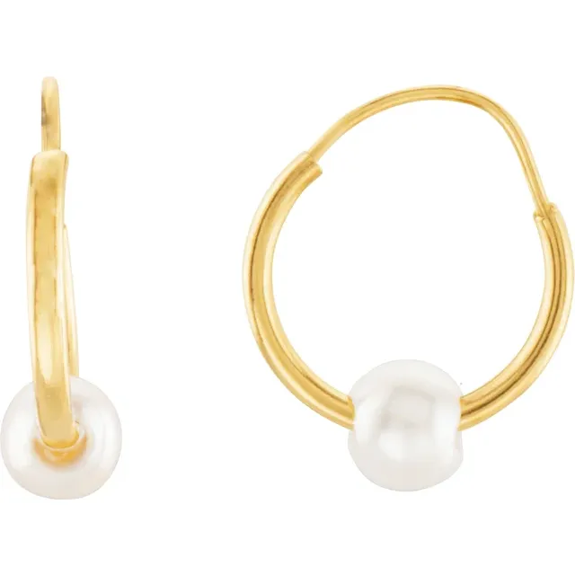 14K Yellow Youth Freshwater Cultured Pearl Hoop Earrings-