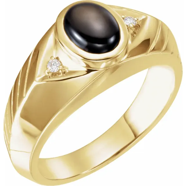 14K Yellow Black Star Sapphire & Diamond Men's Ring-