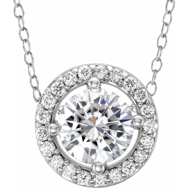 14K White 5 mm Round Forever One™ Moissanite & .06 CTW Diamond 16-18" Necklace-