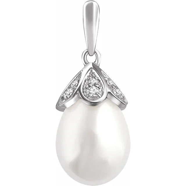 14K White Freshwater Cultured Pearl & 1/8 CTW Diamond Pendant-
