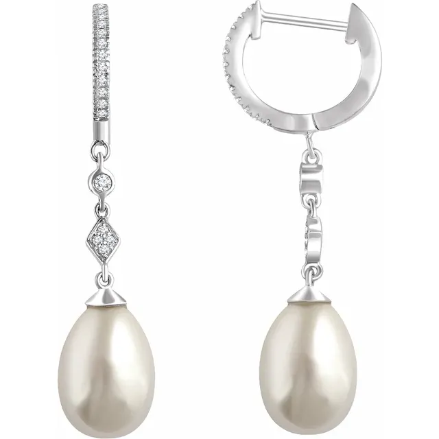 14K White Freshwater Cultured Pearl & 1/6 CTW Diamond Earrings-
