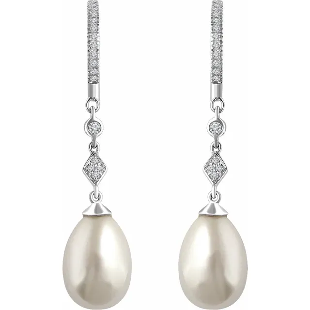 14K White Freshwater Cultured Pearl & 1/6 CTW Diamond Earrings-