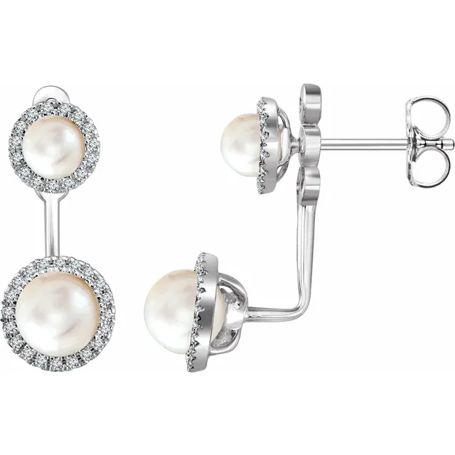 14K White Freshwater Cultured Pearl & 1/5 CTW Diamond Halo-Style Earrings-