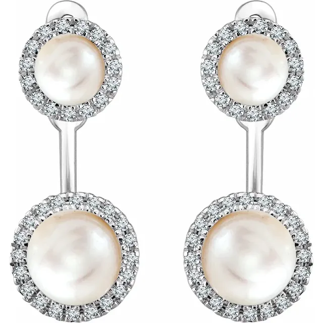 14K White Freshwater Cultured Pearl & 1/5 CTW Diamond Halo-Style Earrings-