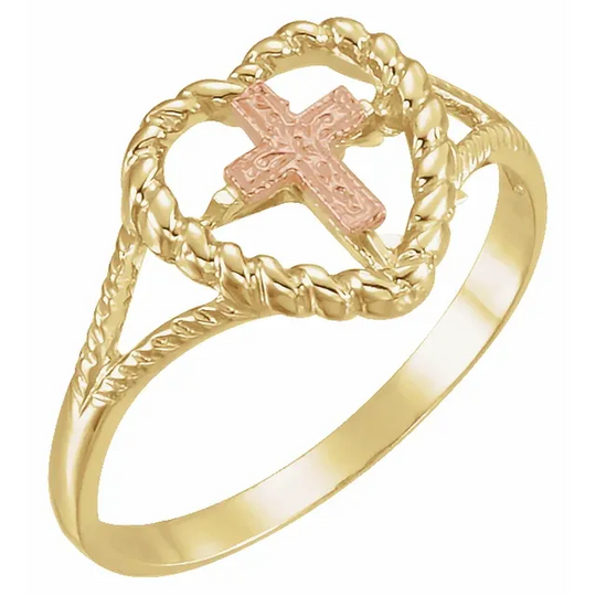 14K Yellow/Rose Heart Rope Ring with Cross