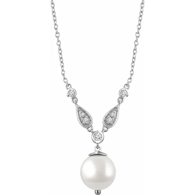 14K White Freshwater Cultured Pearl & 1/6 CTW Diamond 16-18" Necklace-