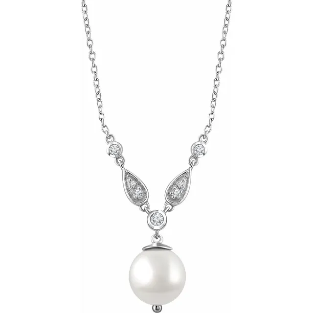 14K White Freshwater Cultured Pearl & 1/6 CTW Diamond 16-18" Necklace
