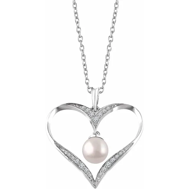 Sterling Silver Freshwater Cultured Pearl & 1/6 CTW Diamond Heart 16-18" Necklace-