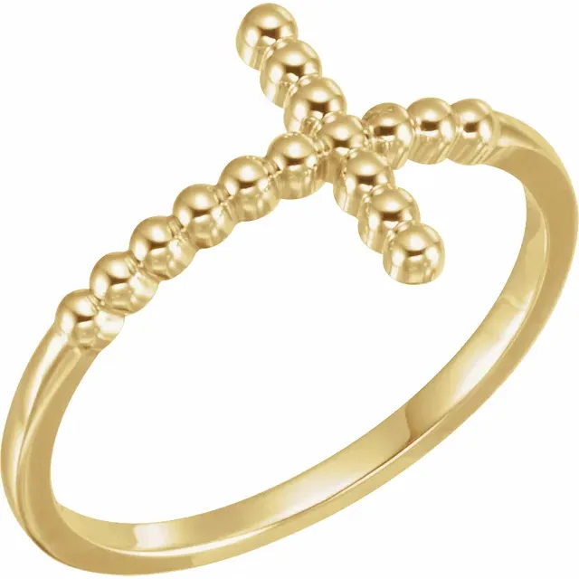 14K Yellow Beaded Sideways Cross Ring-