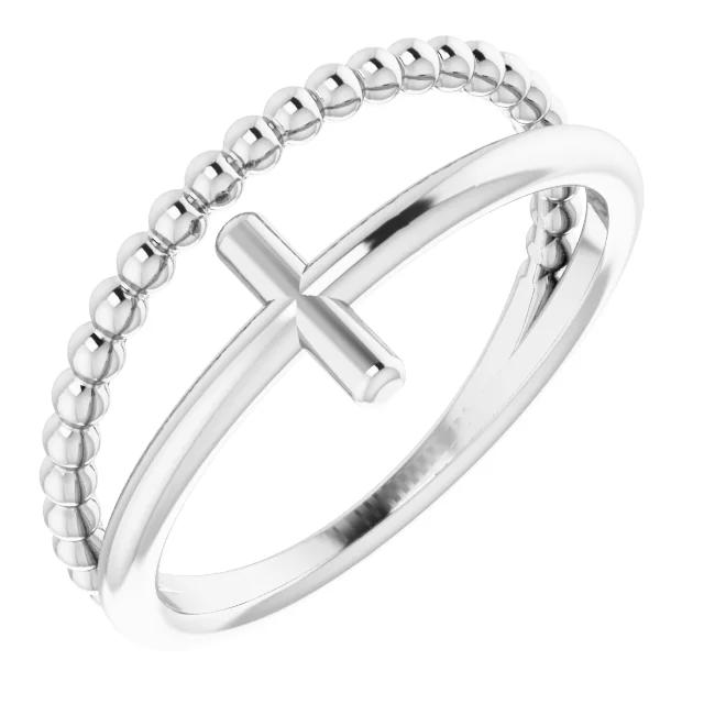 14K White Negative Space & Beaded Cross Ring-