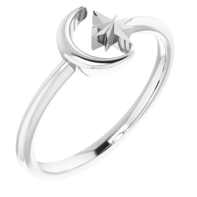 14K White Crescent Moon & Star Negative Space Ring