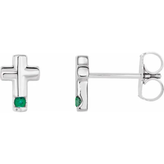 14K White Lab-Grown Emerald Cross Earrings