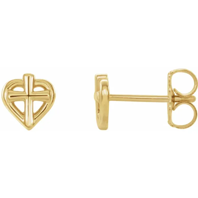 14K Yellow Cross with Heart Youth Earrings-