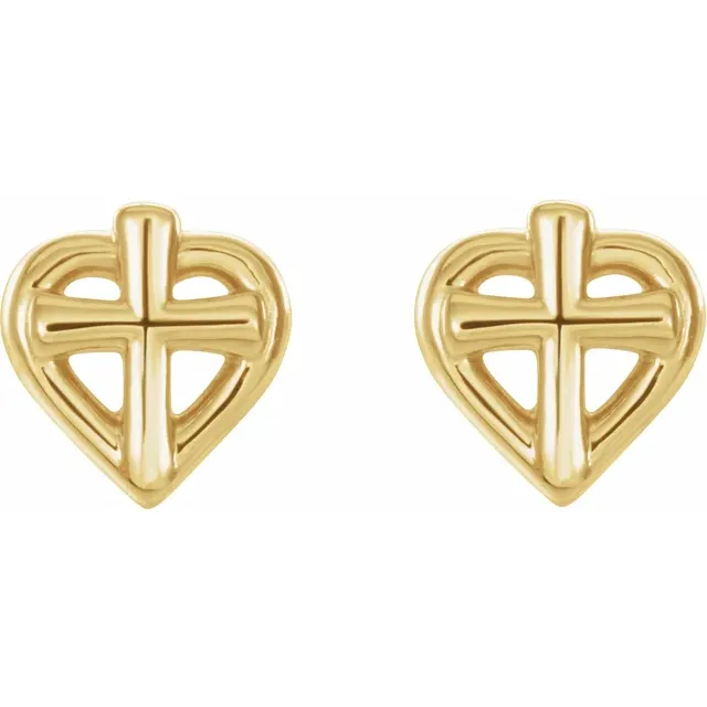 14K Yellow Cross with Heart Youth Earrings-