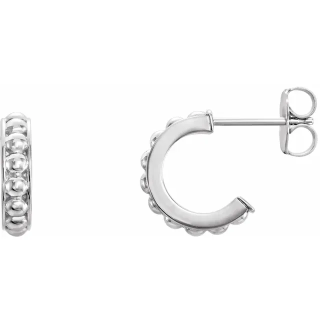 14K White 12 mm Beaded Hoop Earrings-