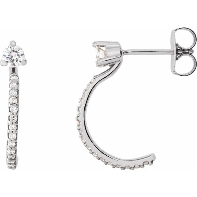 14K White 3 mm Round Forever One Moissanite & 1/6 CTW Diamond Earrings-