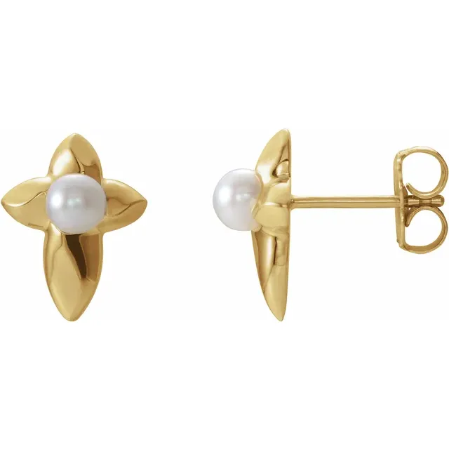14K Yellow Freshwater Cultured Pearl Cross Earrings-