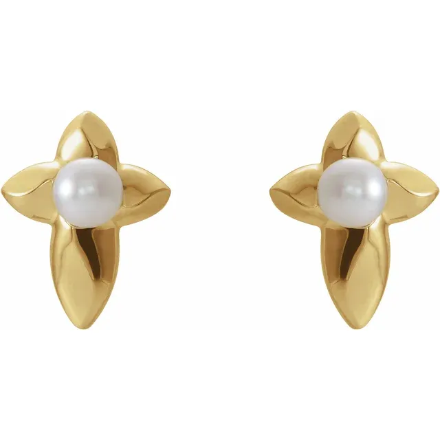 14K Yellow Freshwater Cultured Pearl Cross Earrings-