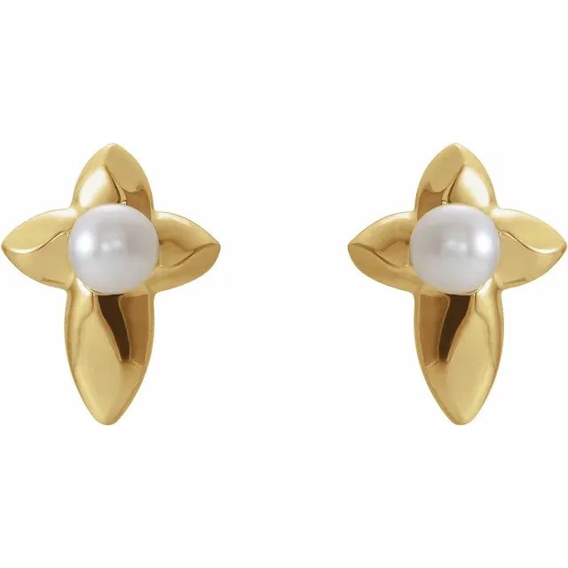 14K Yellow Freshwater Cultured Pearl Cross Earrings