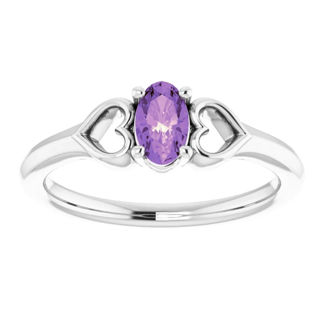 14K White 5x3 mm Oval Amethyst Youth Heart Ring