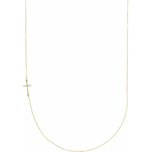 14K Yellow .04 CTW Diamond Off-Center Sideways Cross 16" Necklace-
