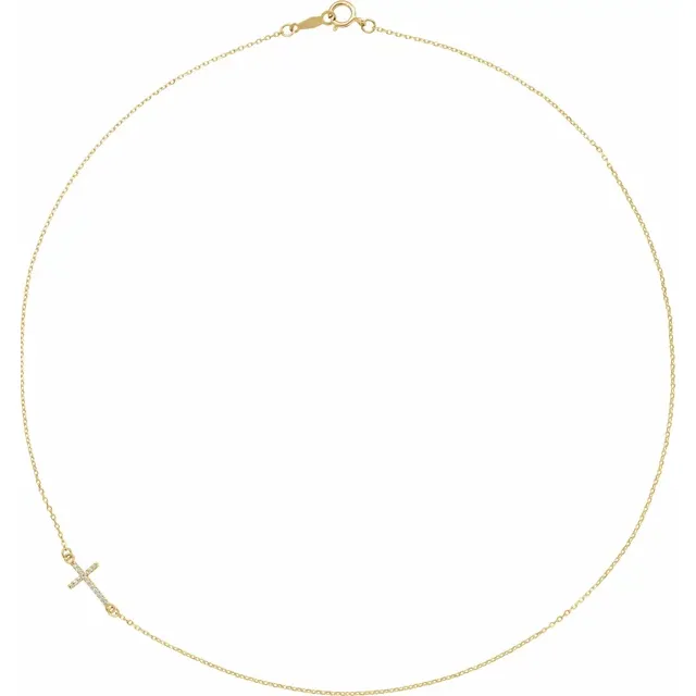14K Yellow .04 CTW Diamond Off-Center Sideways Cross 16" Necklace-