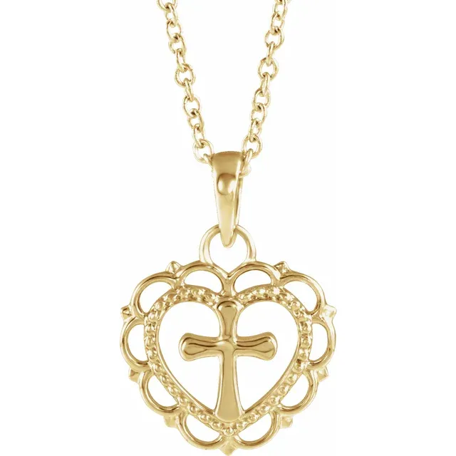 14K Yellow Youth Heart with Cross 16-18" Necklace