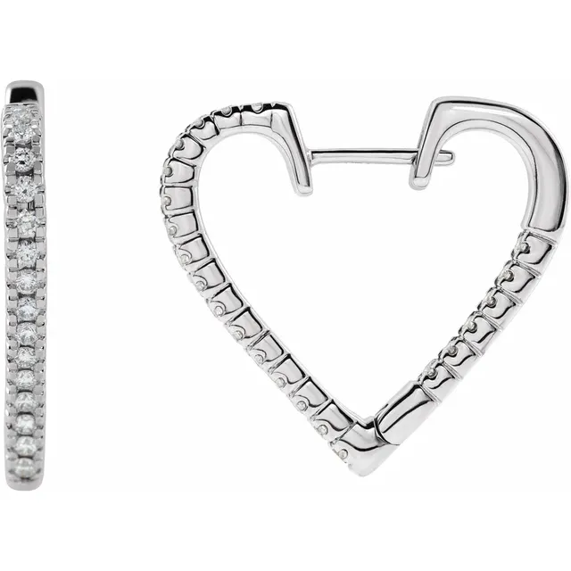 14K White 5/8 CTW Diamond Heart Hoop Earrings-