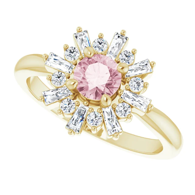 14K Yellow 5 mm Round Pink Morganite & 3/8 CTW Diamond Ring