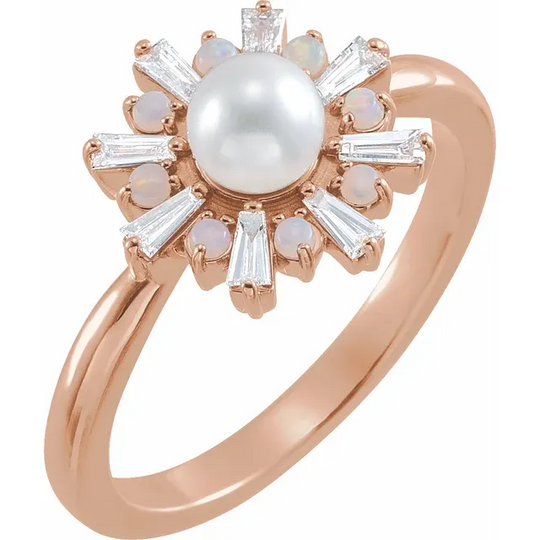 14K Rose  Cultured White Akoya Pearl, White Opal & 1/4 CTW Diamond