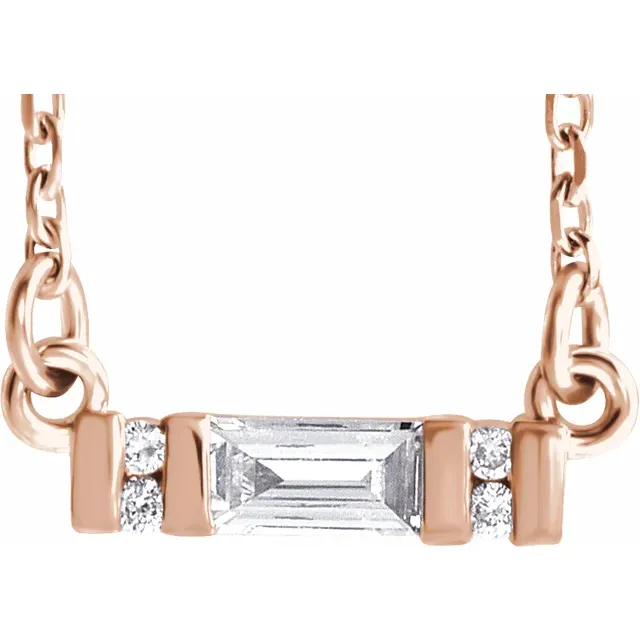 14K Rose 4x2 mm Straight Baguette Forever One Moissanite & .02 CTW Diamond 18" Necklace-