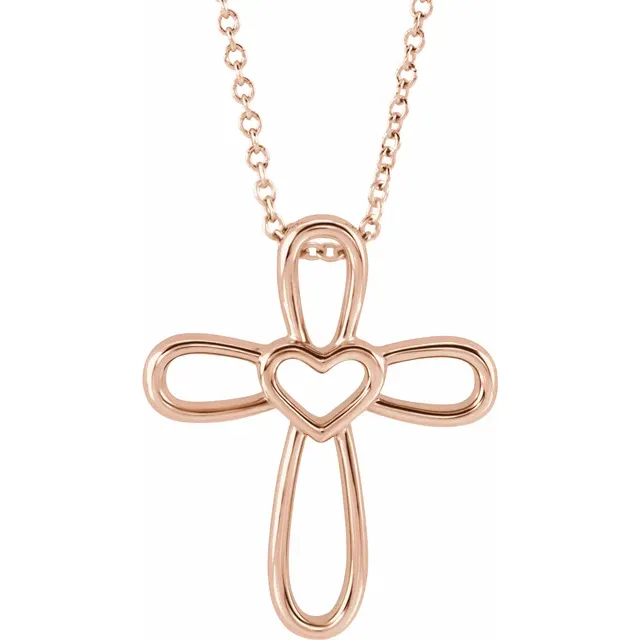 14K Rose Cross with Heart 16-18" Necklace-