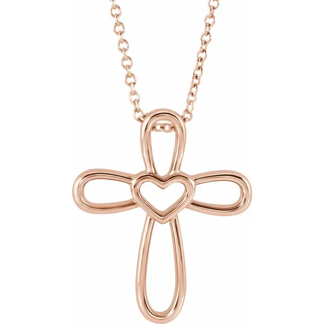 14K Rose Cross with Heart 16-18" Necklace