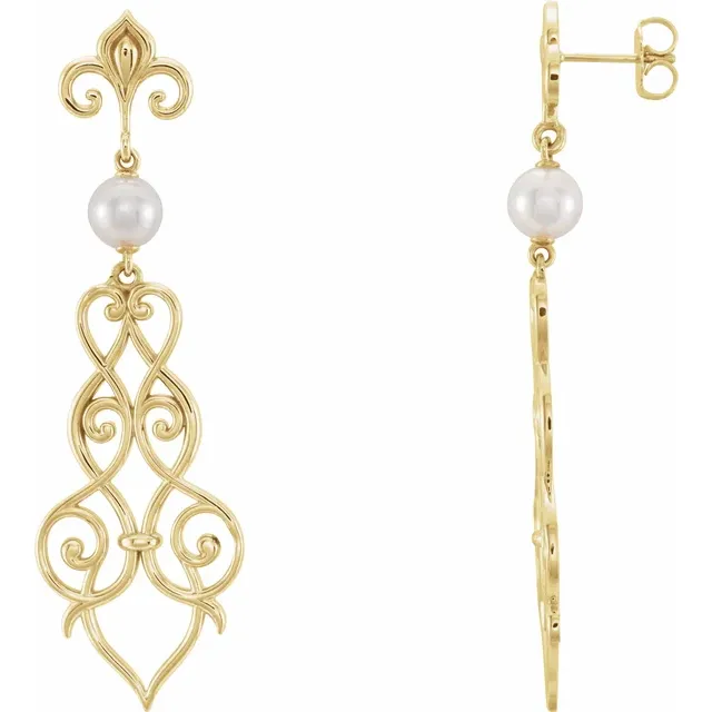 14K Yellow Fleur-De-Lis Scroll Akoya Cultured Pearl Earrings-