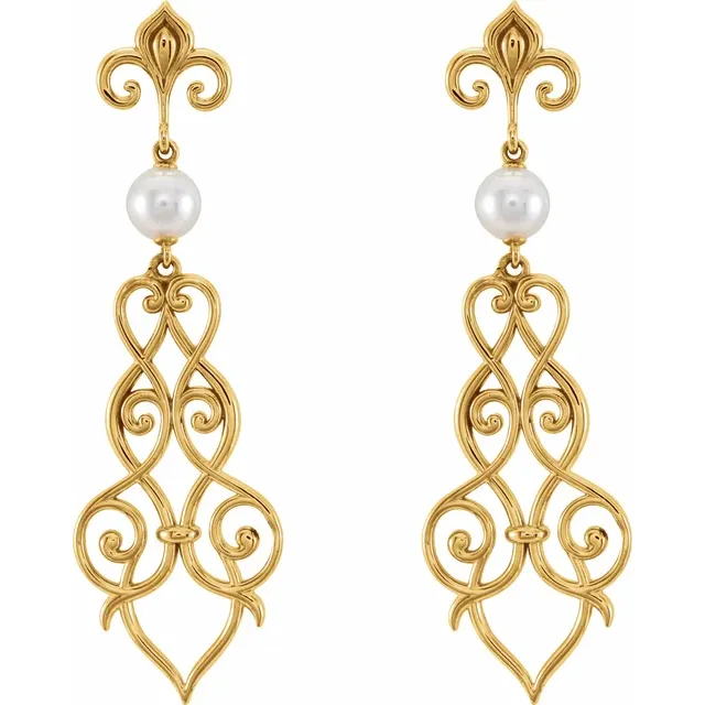 14K Yellow Fleur-De-Lis Scroll Akoya Cultured Pearl Earrings-