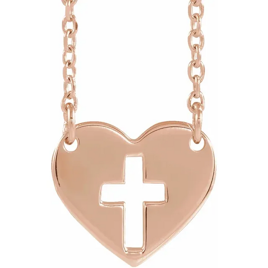 14K Rose Pierced Cross Heart 16-18" Necklace