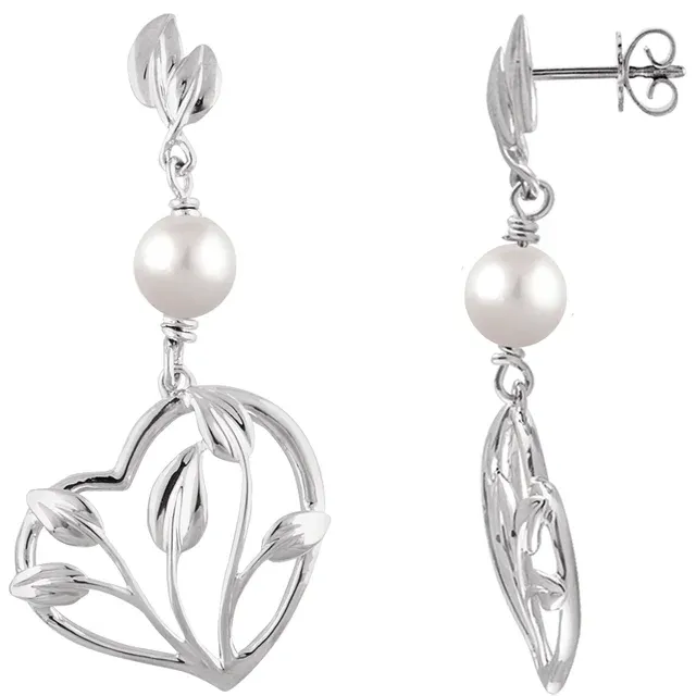 14K Yellow Freshwater Cultured Pearl Leaf & Heart Earrings-