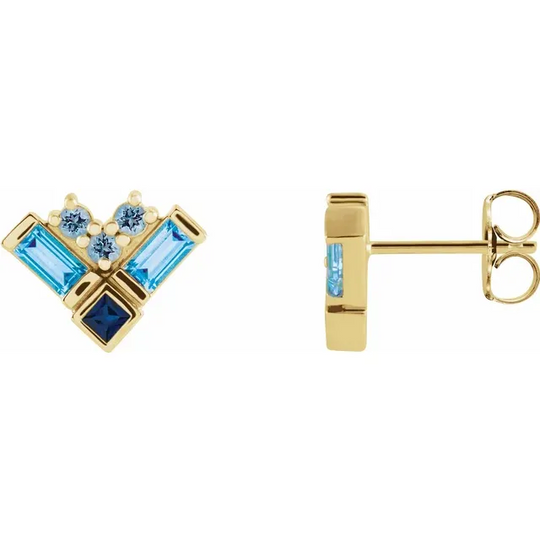 14K Yellow Blue Multi-Gemstone Cluster Earrings
