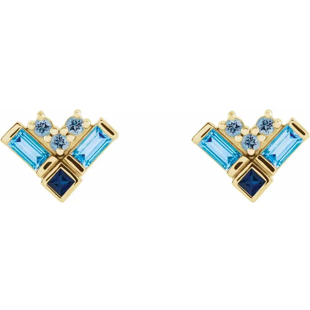 14K Yellow Blue Multi-Gemstone Cluster Earrings-